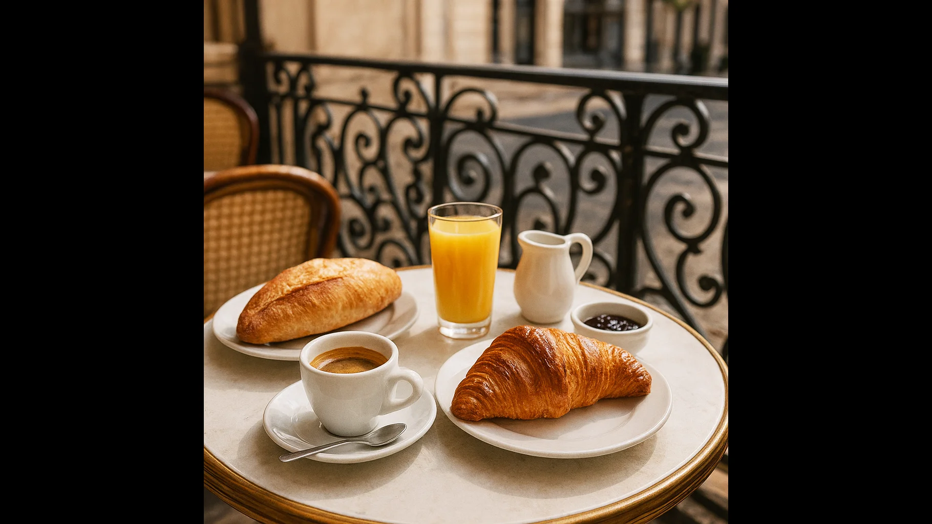 typical French breakfast photo for social media, coffee, orange juice, jam, butter, croissant and bread on a round bistro table