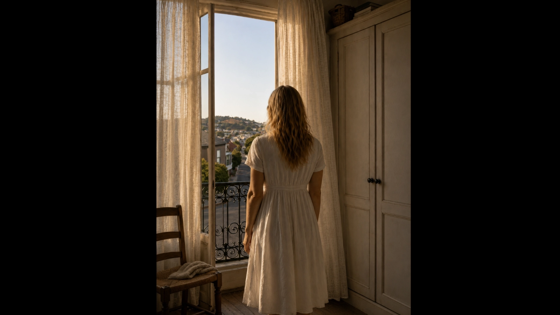 woman standing by a open window looking at the sunrise and the street that winds down to the valley